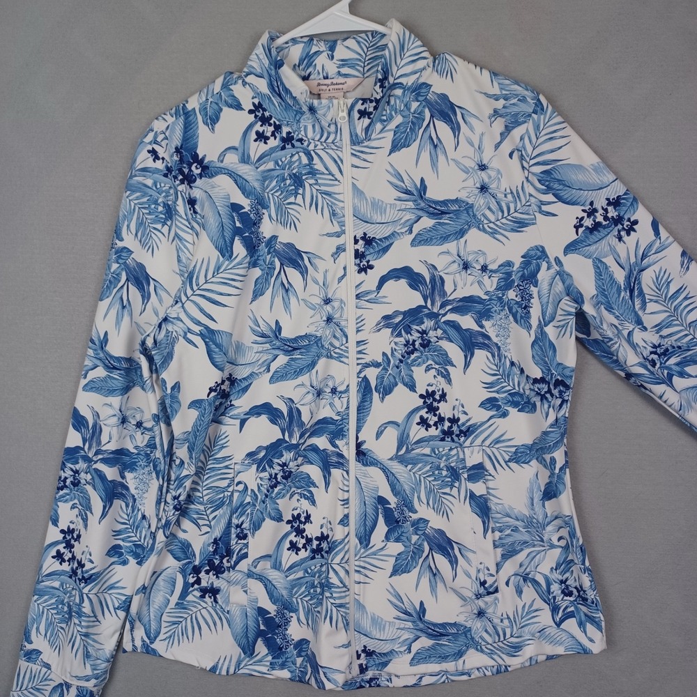 Tommy Bahama Golf Women's Full Zip XL Blue White Tropical Tennis Pickleball READ